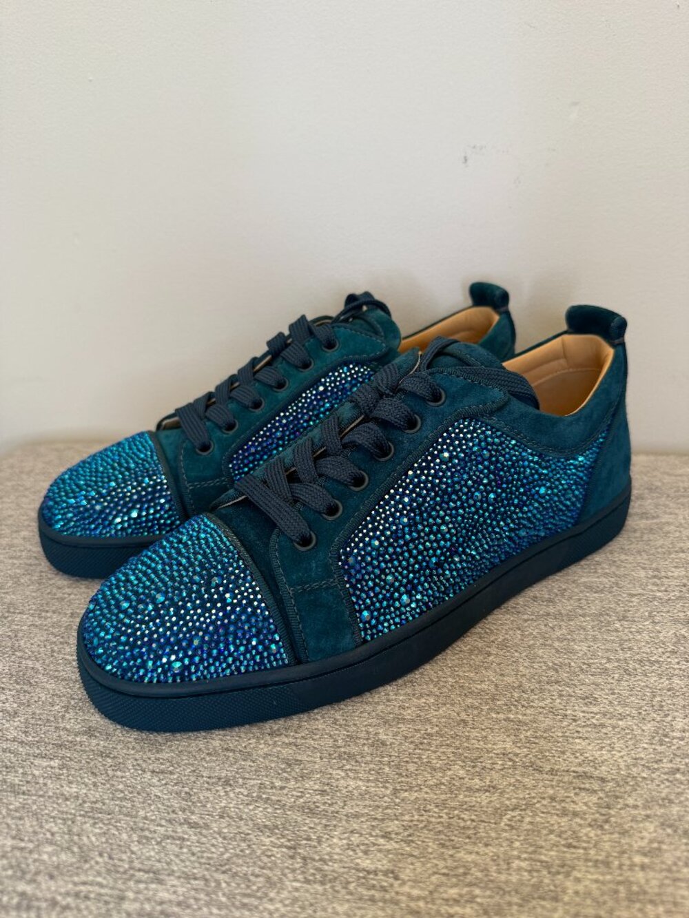 Christian Louboutin Blue Suede Crystal Embellished Low Top Sneaker EU 40 NWOB